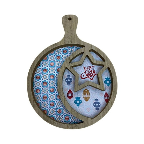 Ramadan Wooden Tray, Eid Mubarak Moon Star Serving Tray, Vintage Dessert Platter for Food, Snacks, & Cookies, for Ramadan & Eid Party Decorations