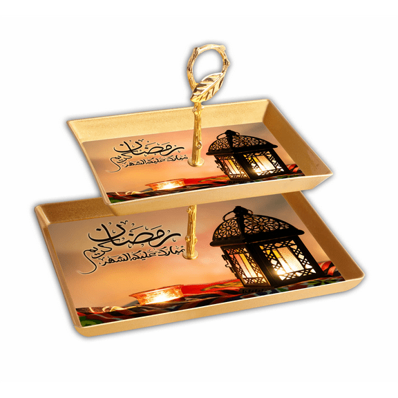 Ramadan and Eid Mubarak Two Tier Fancy Tray Sets Ramadan Table Decor Dessert Pastry Party Serving Tray for Fruits Dates (Rect-Gold) 8"x6” | 11"x7"