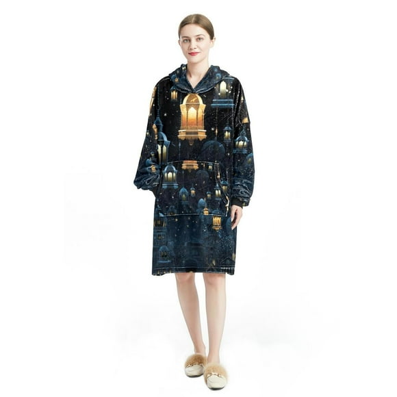 Ramadan lanterns Plush Microfiber Polyester Wearable Blanket for Cozy Lounging - Soft Snuggle Wrap for Adults - Comfy Sofa Throw in Gray Color - Gentle Machine Washable Fabric - One Size Fits All