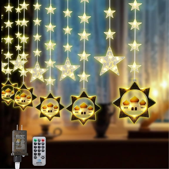 Ramadan string lights,Ramadan Star & Mosque Curtain Lights,120 LEDs, 8 Lighting Modes,36-Inch Hanging Decor,Ideal for Eid Festival Ambiance
