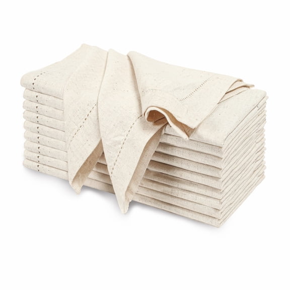 Ramanta Home Cloth Napkins Set of 10 - Natural, 18"x18" Flax Linen Reusable Hemstitched Dinner Napkin