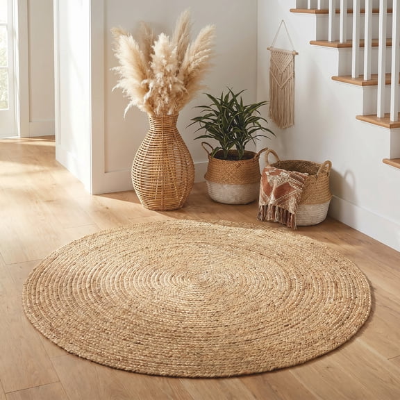 Ramanta Home Jute Braided Rug 4' Round - Natural, Farmhouse Boho Reversible Circle Area Rug for Bedroom, Kitchen, Nursery