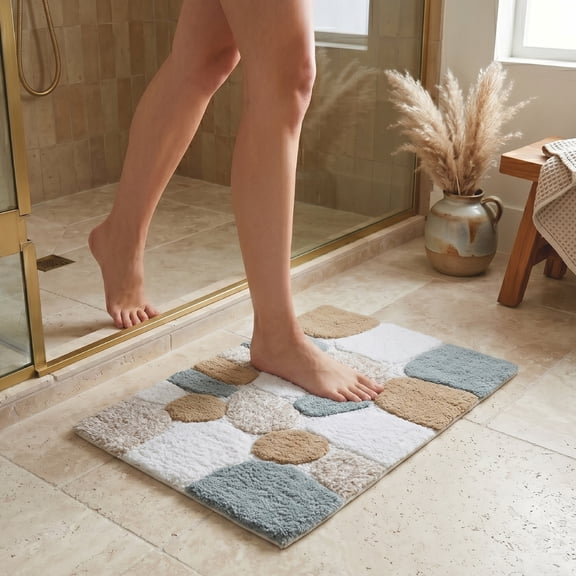 Ramanta Home Pebble Stone Bath Rug 17"x24" - Grey Beige, Anti Skid Cotton Bathroom Mat