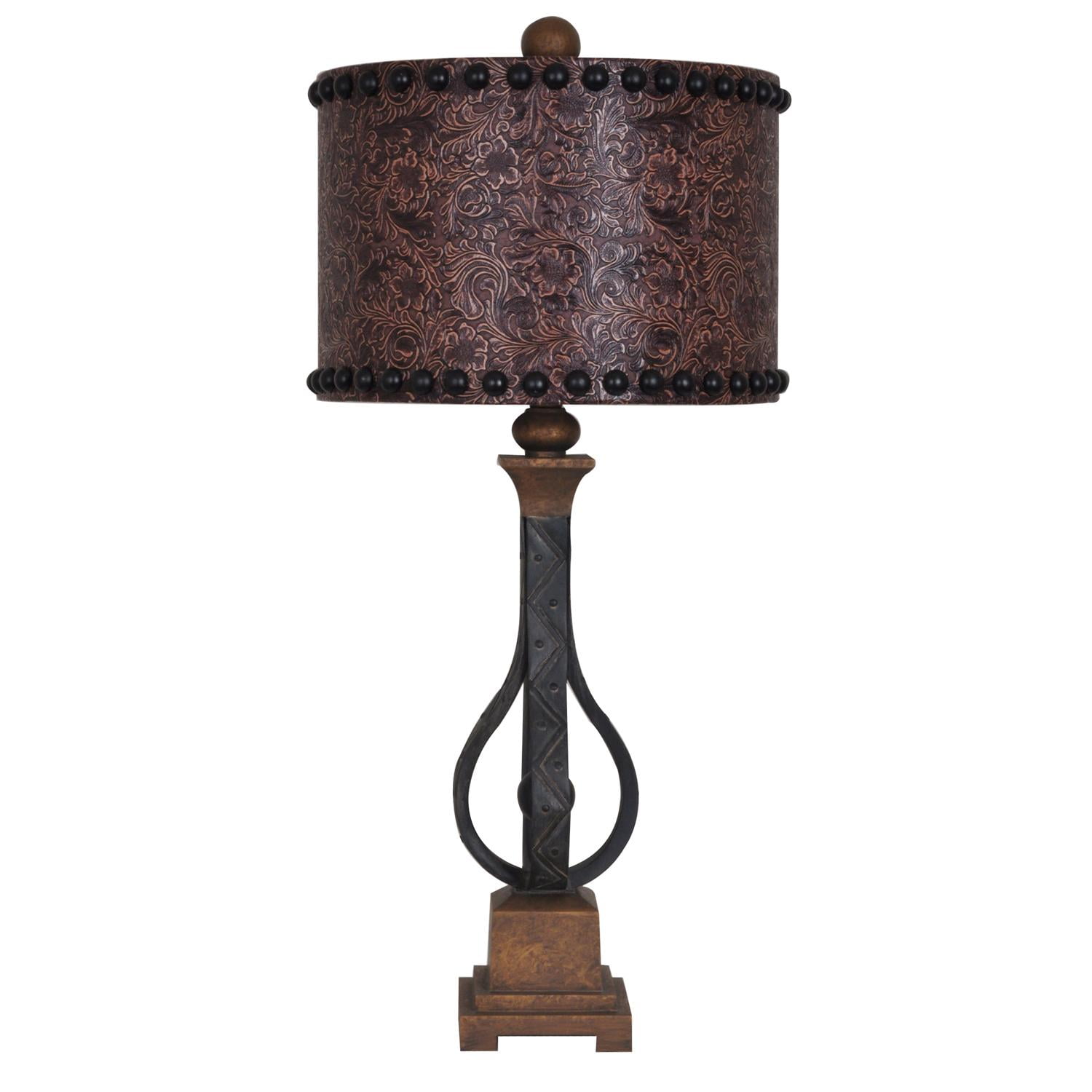 Antique Iron Table Lamp with Embossed Leather Shade
