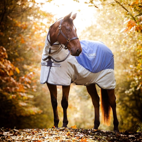 Rambo Autumn Series Turnout Sheet (0g Lite, 100g Contour Cut Liner, Hood), Grey/Blue (Navy Trim), Size: 78