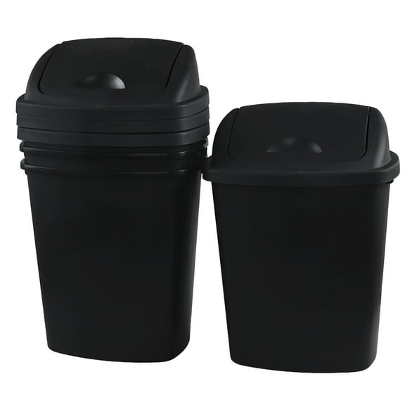 Ramddy 6 Gallon Plastic Swing Top Garbage Can, 4-Pack Kitchen Trash Can with Swing Lid, Black