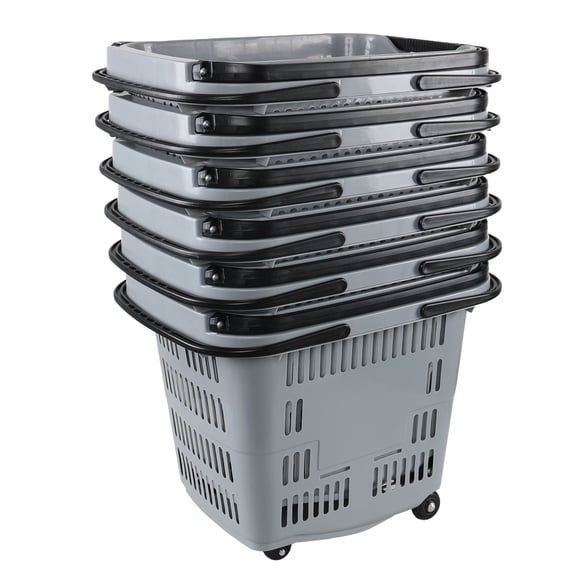 Ramddy 6-Pack 50 L Plastic Rolling Shopping Basket with Handle, Grocery Basket with Wheels, Grey