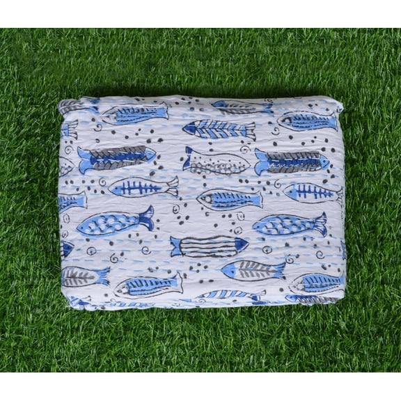 Ramdev Handicraft Indian Fish Print Cotton Quilt, Twin - Reversible