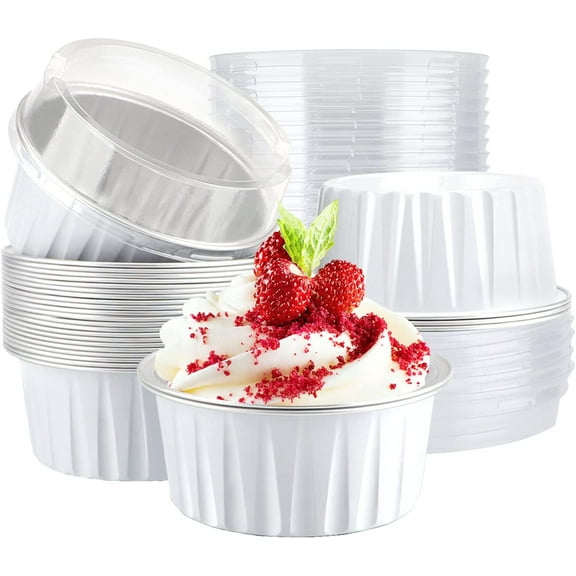 Ramekin Baking Cups, 30pcs 5oz Aluminum Foil Muffin Liners Cupcake Baking Cup with Lids, Mini Pie Pans with Lids, Disposable Foil Baking Cups Containers for Creme Brulee or Cupcake-White
