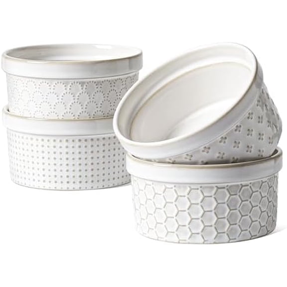 Ramekins 12 oz, Ramiken for Creme Brulee, Souffle, Dipping Sauce, Ceramic Embossment Housewaming Present -4.8 inch, Set of 4, Arctic White