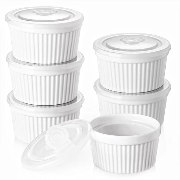 Ramekins 8 oz Oven Safe with Lids, Creme Brulee Ramekins Bowls, Porcelain Ramiken Souffle Dishes, Custard Cups for Baking, Small Bowls for Pudding Dip Sauces Dessert, White, Set of 6