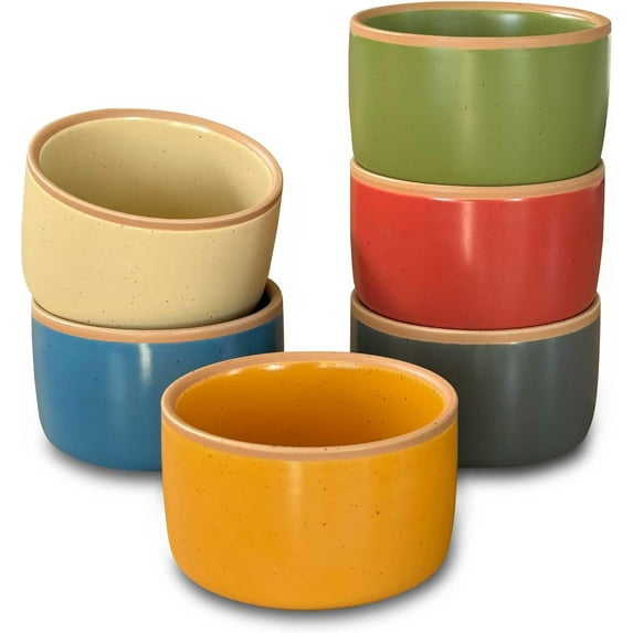 Ramekins - 8oz, Set of 6 - Small Oven Safe Baking Dishes/Cups - For Personal Pudding, Creme Brulee, Souffle, Serving Dip, Custard, Ice Cream - Single Mini Bowls - Assorted Neutrals