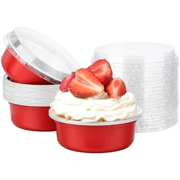Ramekins with Lids, 20 Pack 8.8oz 260ml Disposable Aluminum Cups for Baking 4 Inch Small Round Aluminum Foil Cupcake Pudding Baking Cups for Party - Red