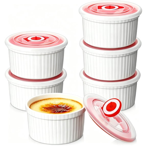 Ramekins with Lids 8 oz White Creme Brulee Ramekins Ceramic Oven Pudding Cups, Set of 6 Porcelain Custard for Baking Dishwasher and Microwave