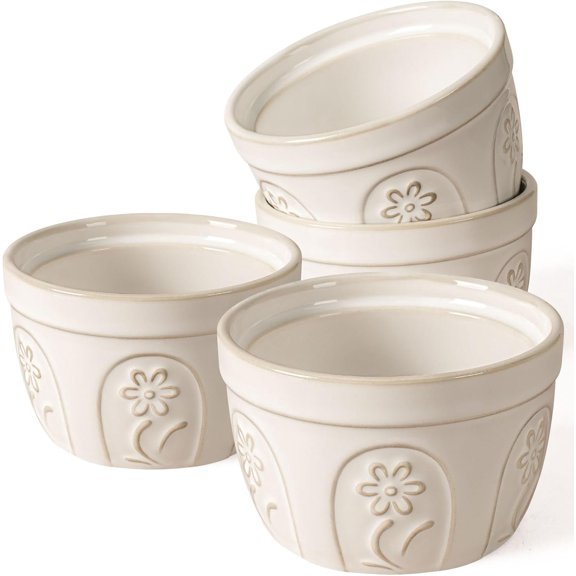 Ramekins Oven Safe, Creme Brulee Ramekins, Embossed White Ceramic Ramiken, Souffle Pudding Custard Cups, Baking Dish, Dipping Bowls, Sauce Cups, Set Of 4 (Pinwheel Flower, 8 oz)