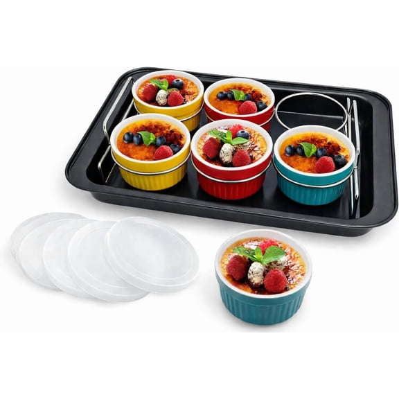 Ramekins set - Creme Brulee Making Kit - COLORED 6 Porcelain Ramekins 6 Oz With Silicone Lids - 304 Stainless Steel Lifting Rack And 9.5" X 14" Baking Pan - Oven Safe
