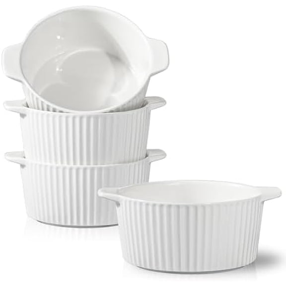 Ramekins with Handle 4 Pack Soup Bowls for French Onion Soup Pot Pie Lava Cakes Creme Brulee Dishes 28 Oz Ceramic Souffle Dish for Baking White