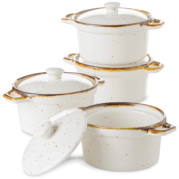 Ramekins with Lids, 12 oz Ceramic Small Casserole Dish with Handles & Brown Rim