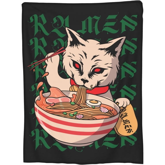 Ramen Blanket Cat Eats Ramen Noodles with Chopsticks Throw Blankets Gifts for Adults Japanese Food Lightweight Soft Fleece Cozy for Sofa Couch Bed Room Travel Party Decor 40x50in