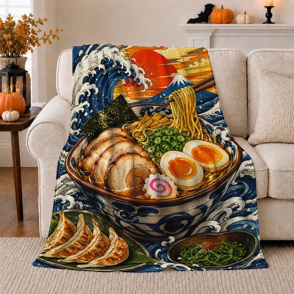 Ramen Bowl Great Wave Ukiyo-E Art, Playful Food Art Scene, Warm Flannel Blanket for Living Room and Reading Nook, Art Lovers Friendship Gift, Playful Home Decor