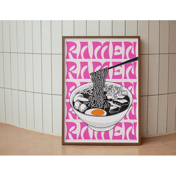 Ramen Bowl Modern Poster, Ramen Lover Exhibition Print, Hot Pink Orange Wall Art, Housewarming Trendy Food Wall Decor Size 24x36 Unframed Poster
