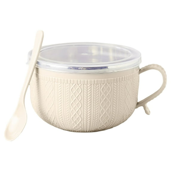 1Pcs Plastic Ramen Bowl with Lid,Soup Bowls with Handles,Large Instant Noodle Bowl,Cute Deep Soup Mug ,Cereal Porridge Tableware for Home Office Dorm, Microwave and Dishwasher Safe(Beige)