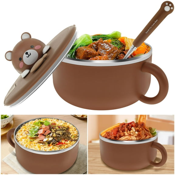Ramen Bowl Set with Fork,Cute bear Instant Ramen Noodle Bowls with Lid,Extra Large Ceramic Soup Bowls with Handle,Japanese Ramen Cooker