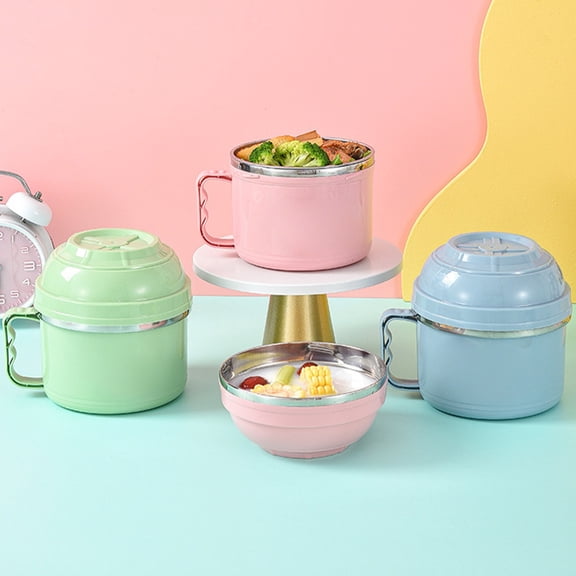 Ramen Bowl Set with Lid and Handles, 304 Stainless Liner & Microwave-Safe PP Container, Portable Soup Noodle Lunch Box, Dishwasher Safe