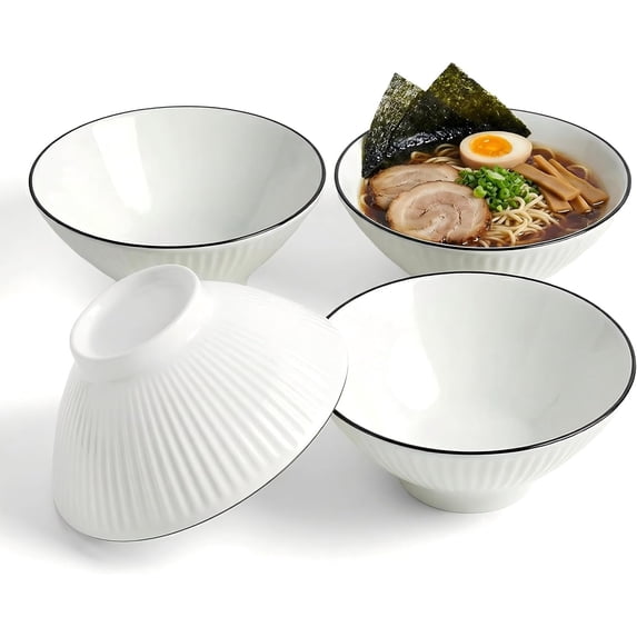 Ramen Bowls Set of 4, 33 oz Ceramic Style Noodle Bowls, 8 Inch Conical Pho and Udon Bowls with Black Rim, Ribbed Texture, Microwave & Dishwasher Safe