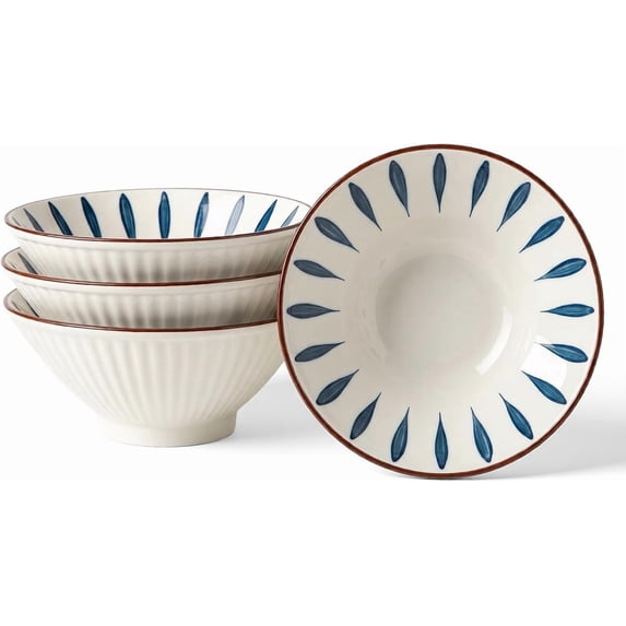 Ramen Bowls Set of 4, 33 oz Ceramic Style Noodle Bowls, 8 Inch Conical Pho and Udon Bowls with Blue Leaf , Ribbed Texture, Microwave & Dishwasher Safe