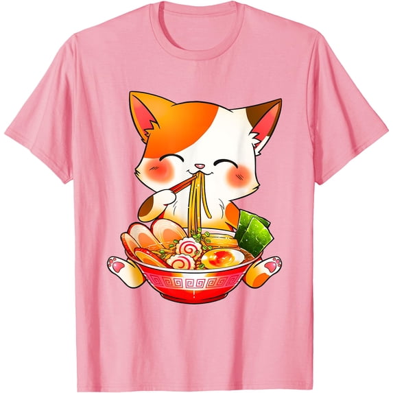 Ramen Cat Anime Kawaii Japanese Unisex T-Shirt for Men Women Kids Toddler,Light Pink Color,Size 2XL