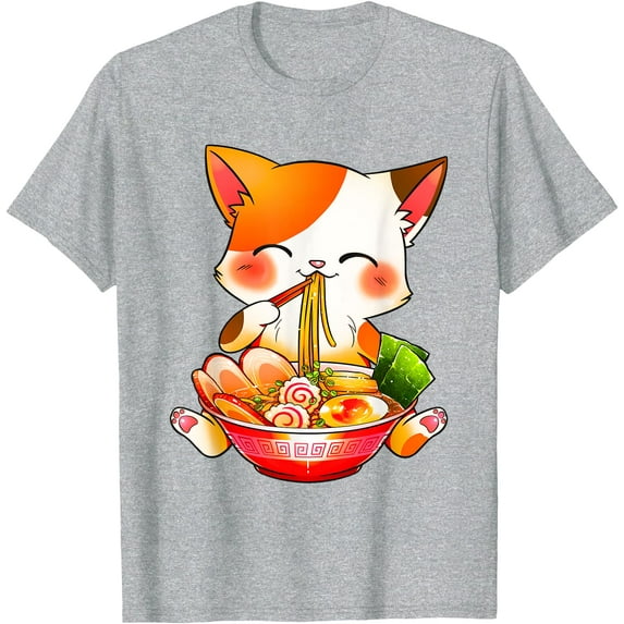 Ramen Cat Anime Kawaii Japanese Unisex T-Shirt for Men Women Kids Toddler,Sport Grey Color,Size M