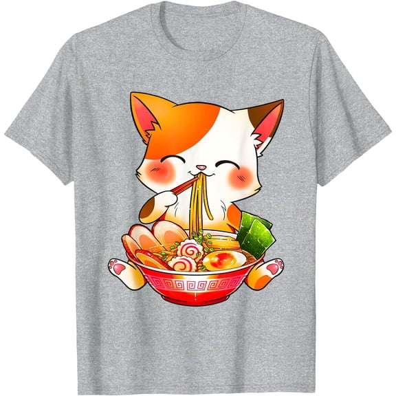 Ramen Cat Anime Kawaii Japanese Unisex T-Shirt for Men Women Kids Toddler,Sport Grey Color,Size YXL