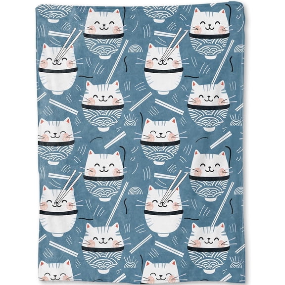Ramen Cat Blanket - Cute Kawaii Noodle Bowls Fleece Throw,Gifts for Kids Adult, Soft & Warm,Lightweight, for Whimsical Decor, Food Enthusiasts, and Room Home Accents 40x50in