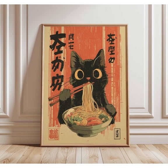 Ramen Cat Japanese Noodle Funny Retro Anime Kitchen Wall Decor Unframed Paper Print