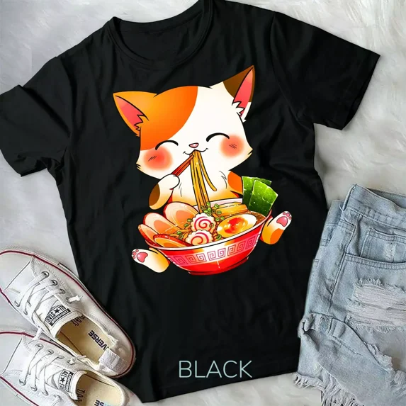 Ramen Cat Neko Anime Kawaii Japanese Merch Gifts Women Girls Unisex Form T-Shirt