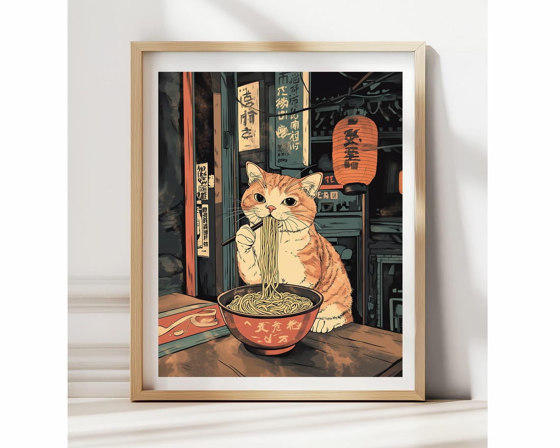 Ramen And Cat Poster Ginger Cat Eating Ramen Poster Japanese Food Cat ...