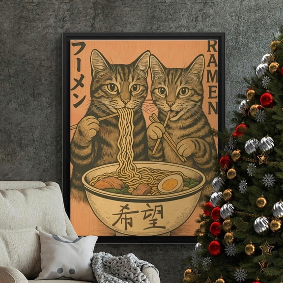 Ramen Cat Poster Japanese Kitchen Wall Art Food Decor, Unframed Paper Poster 8x10in