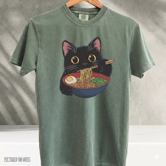 Ramen Cat Shirt Kawaii Anime Style Japanese Food Illustration Cute Cat Graphic Design Comfort Colors Unisex Cotton T-Shirt, Size S-3XL