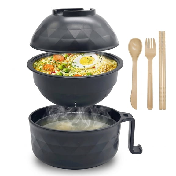Ramen Cooker,40oz Ramen Bowl Set,Microwave Ramen Bowl, Microwave Bowl with Lid, Portable Noodle Bowls,for Home Office Dorm Room College Gift (Black)