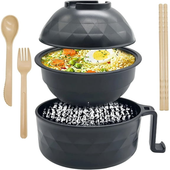Ramen Cooker,40oz Ramen Bowl Set,Microwave Ramen Bowl, Microwave Bowl with Lid, Portable Noodle Bowls,for Home Office Dorm Room College Gift (Black)