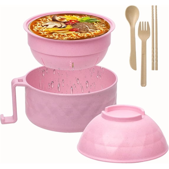 Ramen Cooker,40oz Ramen Bowl Set,Microwave Ramen Bowl, Microwave Bowl with Lid, Portable Noodle Bowls,for Home Office Dorm Room College Gift (Pink)
