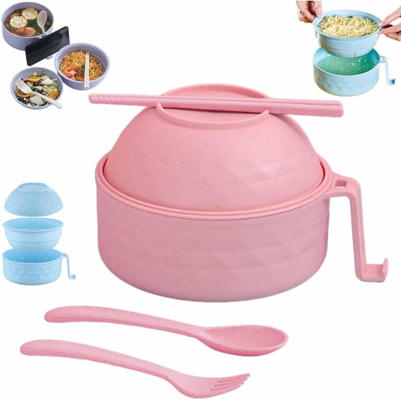Ramen Cooker Ramen Bowl Set with Chopsticks, Microwave Ramen Bowl Set, 2026 New 3-in-1 Portable Noodle Bowl with Lid and Drain Basket, Suitable for Dorm, Home, Office (Pink)