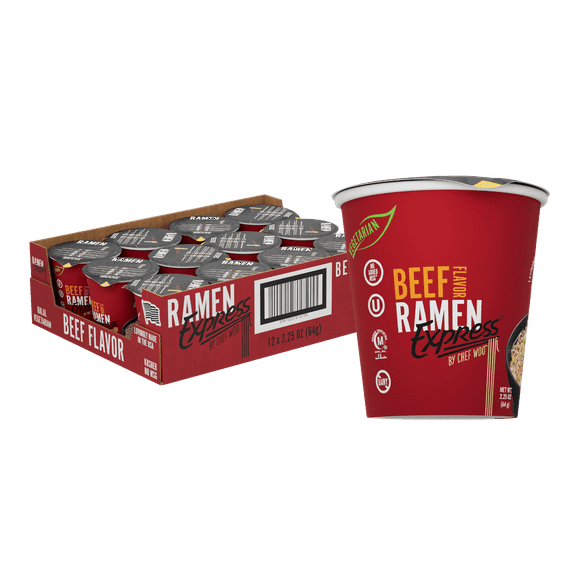 RAMEN EXPRESS Beef Flavor Ramen Cup Noodle, 2.25 Oz Each (Pack Of 12) | Animal-free Ramen Noodles | All Plant-based | Made in U.S. with finest American flour