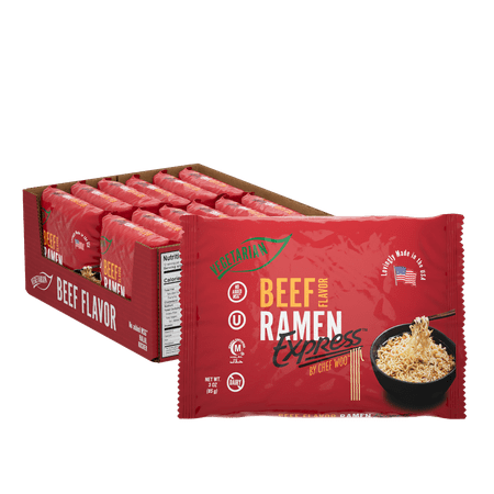 Ramen Express Beef Flavor Ramen Noodles, Vegan, Halal, Kosher, 3 oz Pouch, Pack of 12