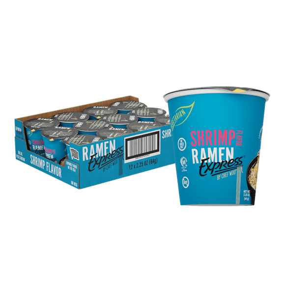 Ramen Express Shrimp Flavor Ramen Noodles by Chef Woo, Vegan, Halal, Kosher, 2.25 oz cup, 12 cups