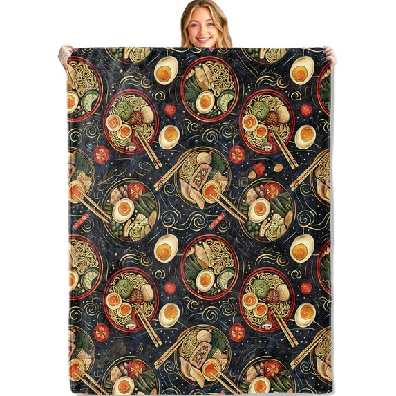 Ramen Feast Throw Blanket,40x50in,Soft,Lightweight Flannel,Bowls and Chopsticks Dark Blankets - Gifts for Kids Adult & Food Lovers,for Couch Office Travel,Home Living Room Decor