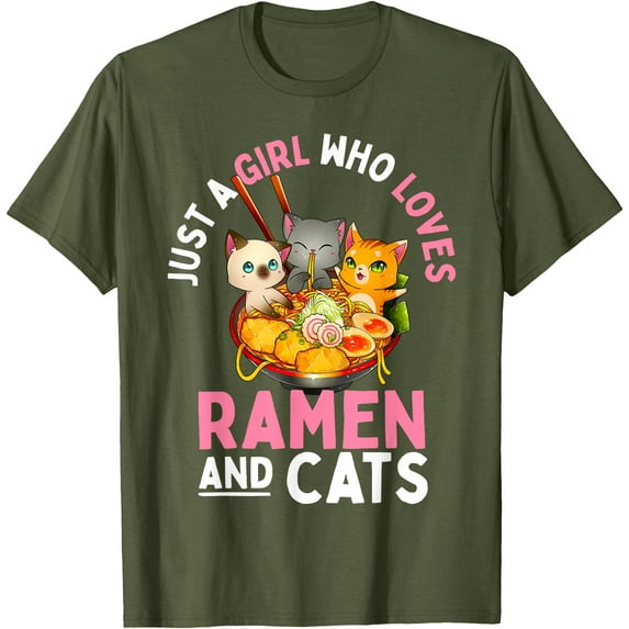 Ramen Girl Who Love Cat Neko Kawaii Anime Cats Gift Unisex T-Shirt for Men Women Kids Toddler,Military Green Color,Size L