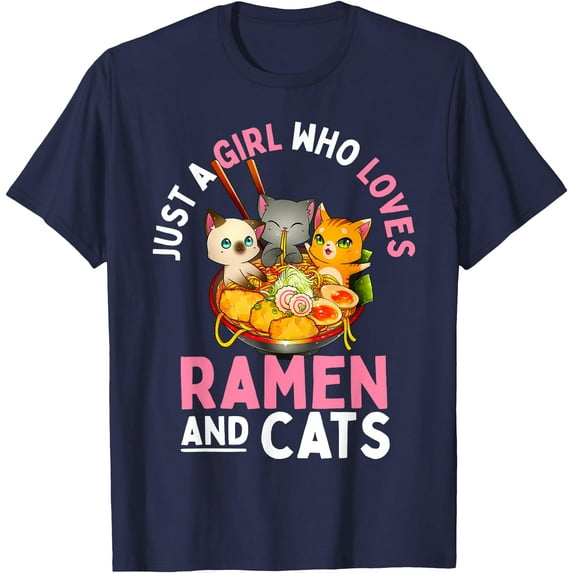 Ramen Girl Who Love Cat Neko Kawaii Anime Cats Gift Unisex T-Shirt for Men Women Kids Toddler,Navy Color,Size M