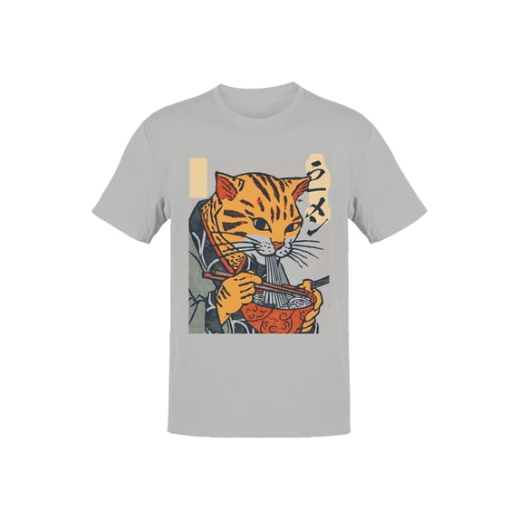 Ramen-Loving Cat Ukiyo-e Art Men's Gray T-shirt